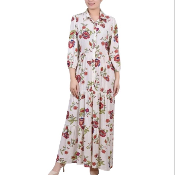 NY Collection Petite 3/4 Sleeve Crinkle Tiered Maxi Dress - Picture 1 of 5